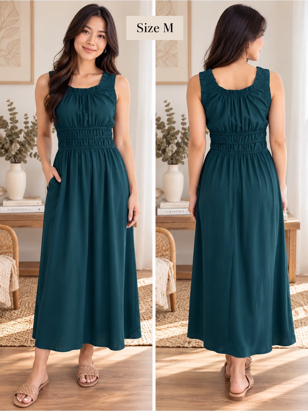 Gilli Teal Smocked Waist Maxi Dress M NWT Pockets